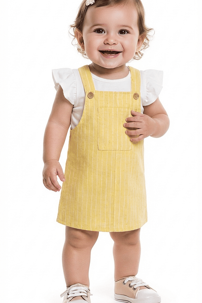 Conjunto body manga curta em suedine e salopete em tecido ecotex flamê listra