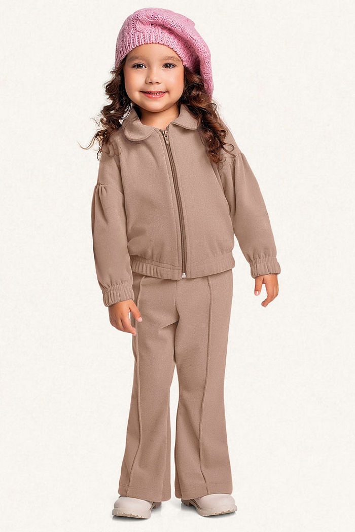 Conjunto jaqueta com ziper e calça em tecido melange