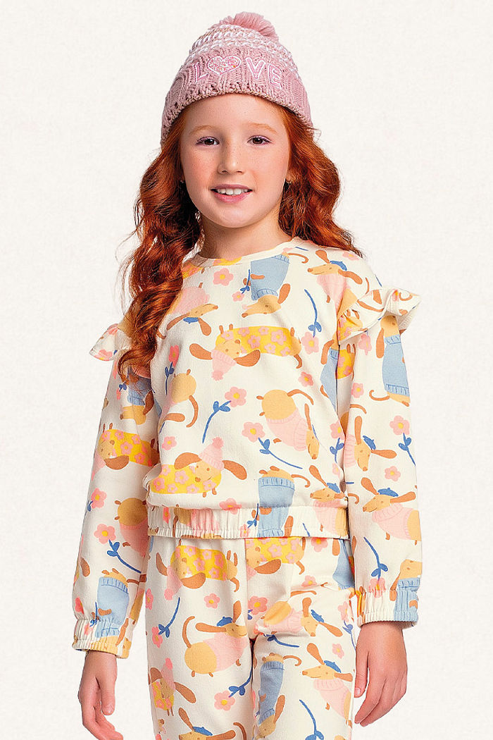 Conjunto blusão com elástico e calça em molecotton cachorrinho