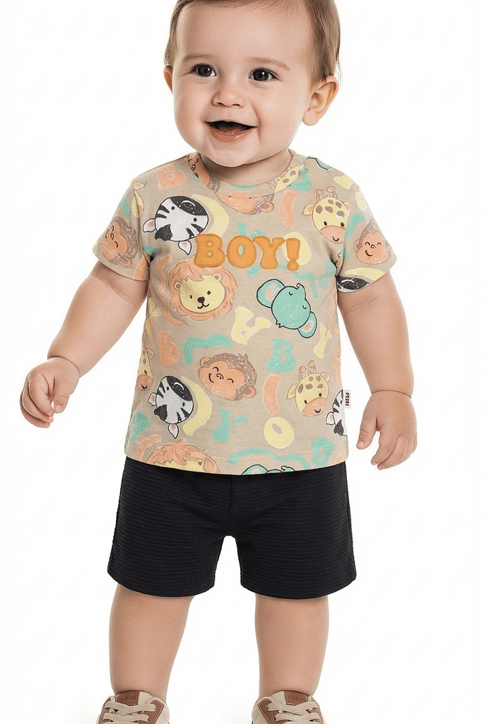 Conjunto camiseta em suedine e bermuda em malha canelada