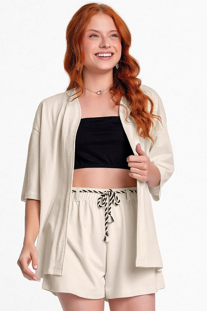 Trijunto kimono, short em malha favo e top em meia malha