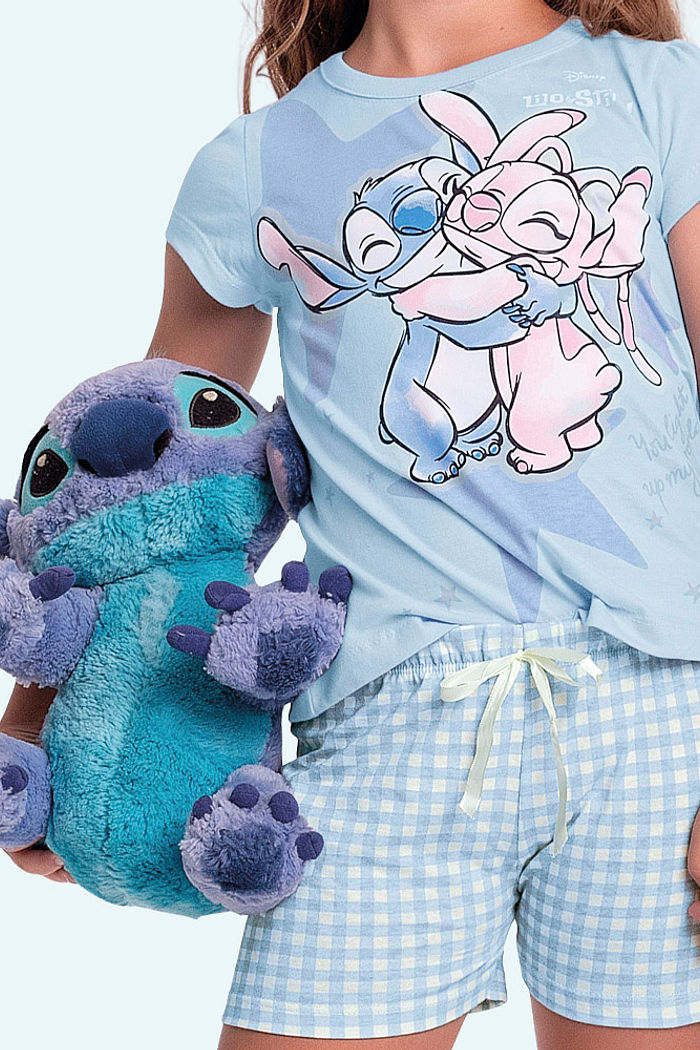 Conjunto pijama blusa e short xadrez com laço Stitch