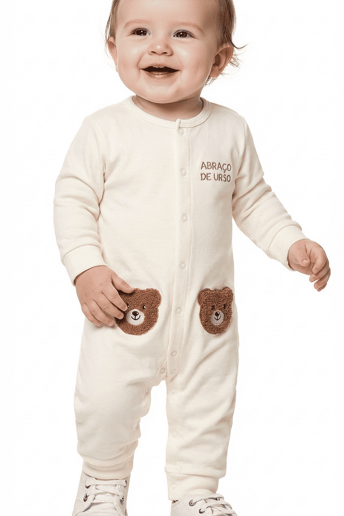 Macacão manga longa em meia malha urso