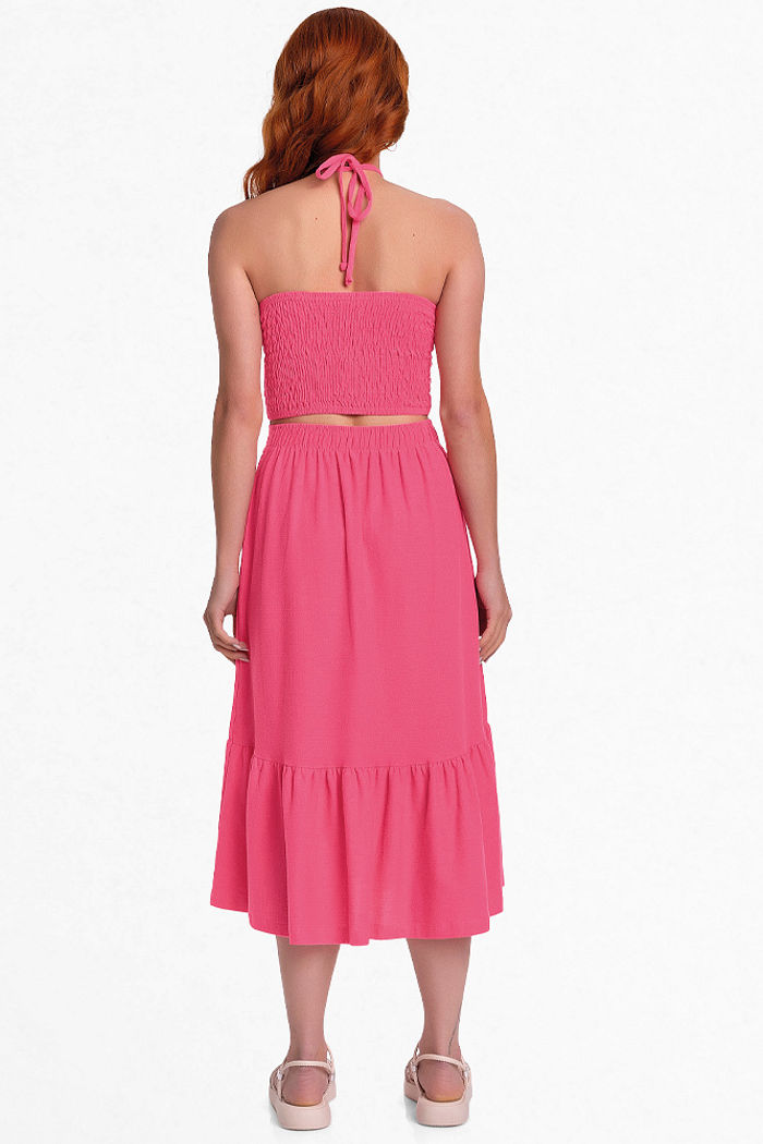 Conjunto top com lastex e alças de amarração e saia midi em malha florence