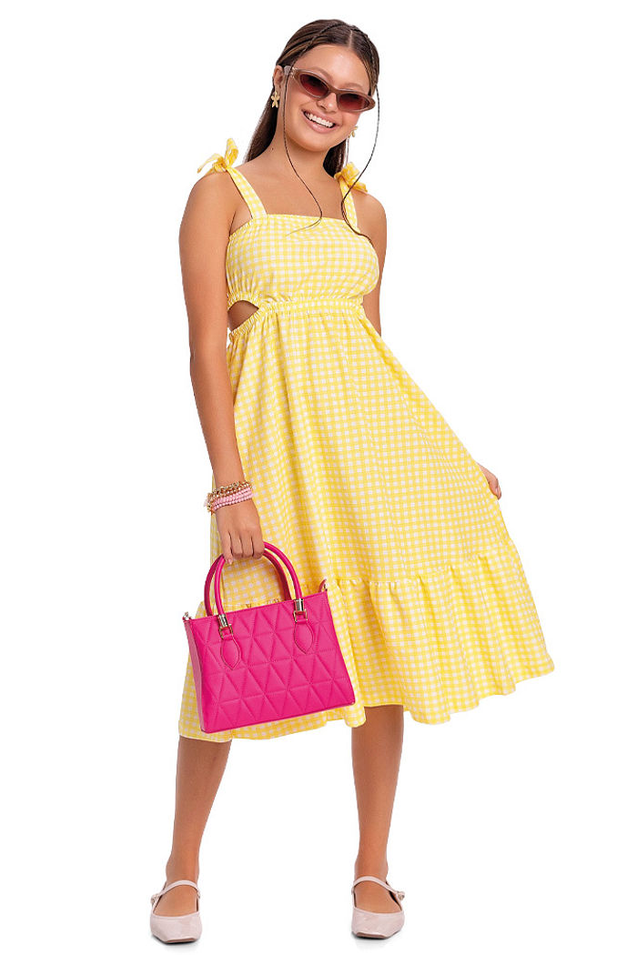 Vestido alça com amarração xadrez em malha florence