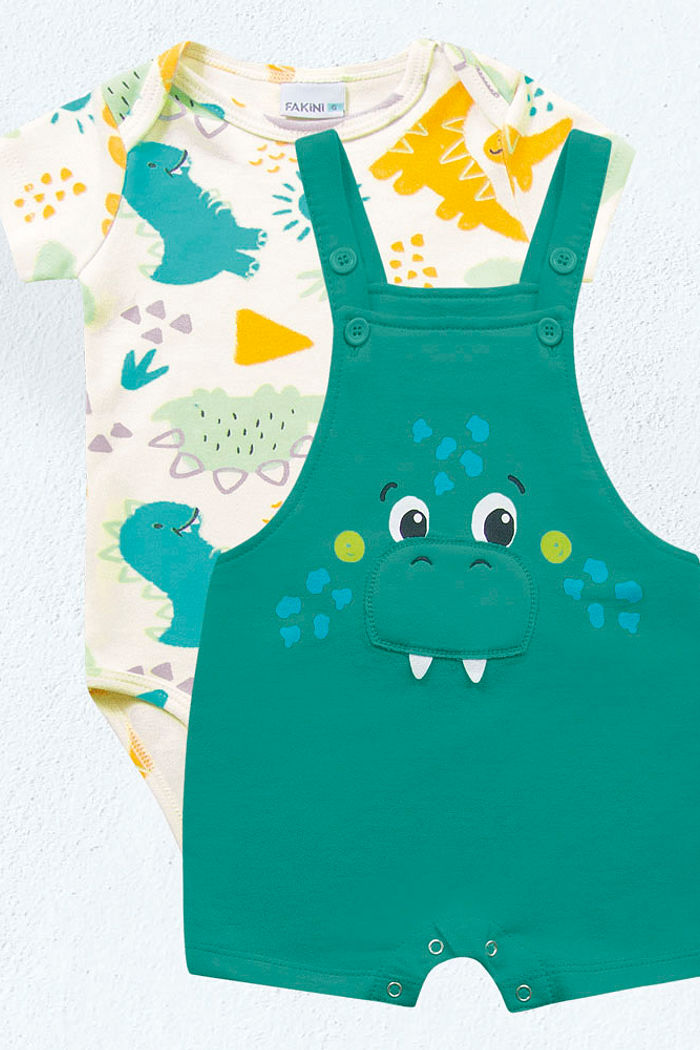 Conjunto body manga curta em suedine e macacão em moletinho dino