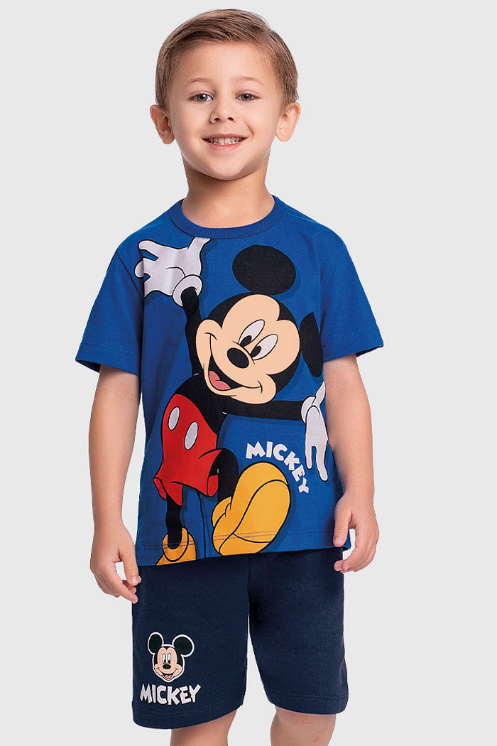 Conjunto camiseta meia malha e bermuda moletinho do Mickey