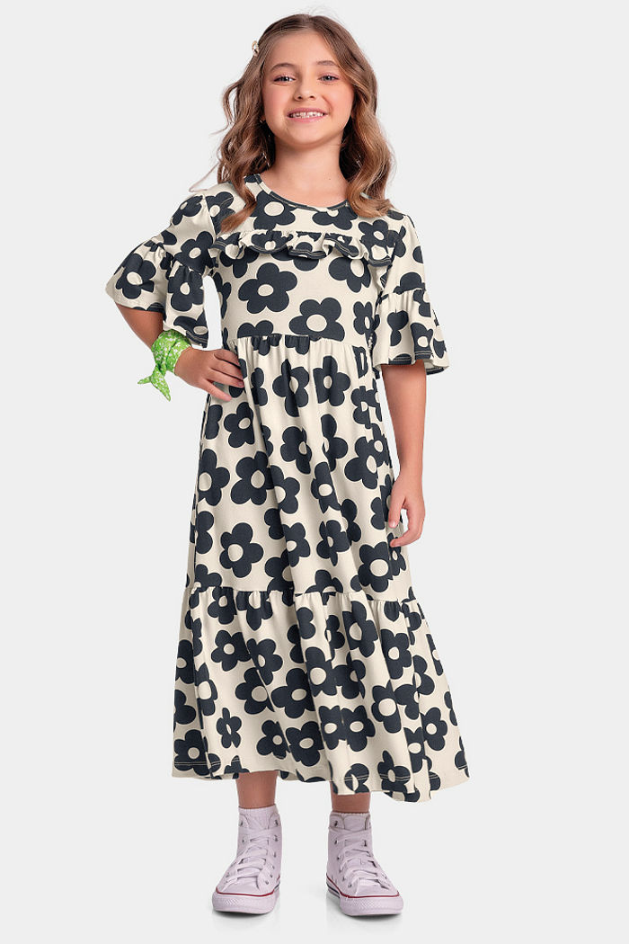 Vestido midi floral em cotton leve