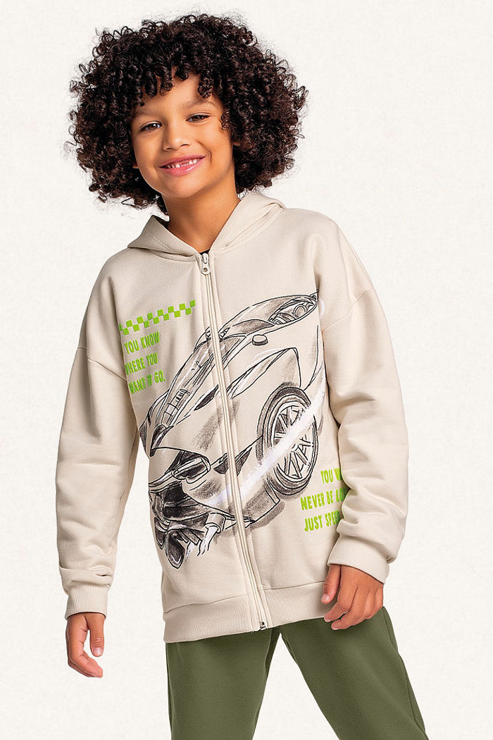 Conjunto jaqueta com capuz e calça em moletom carro