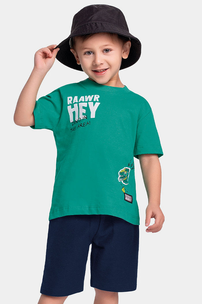 Conjunto camiseta dinossauro e bermuda em moletinho lótus