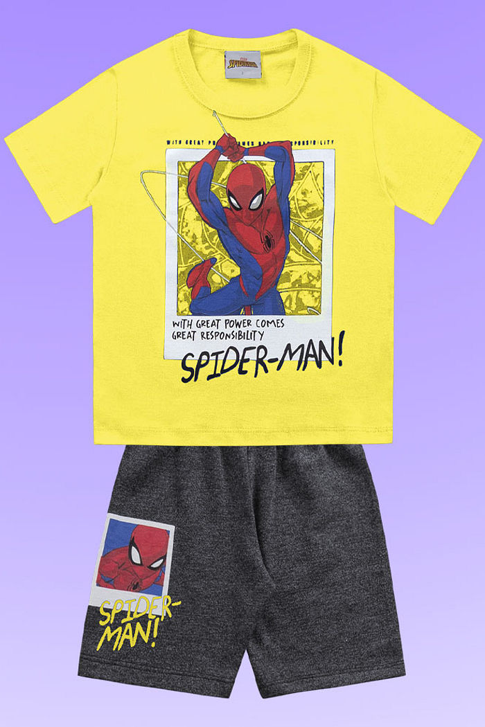 Conjunto camiseta em meia malha e bermuda em moletinho molinê Homem-aranha