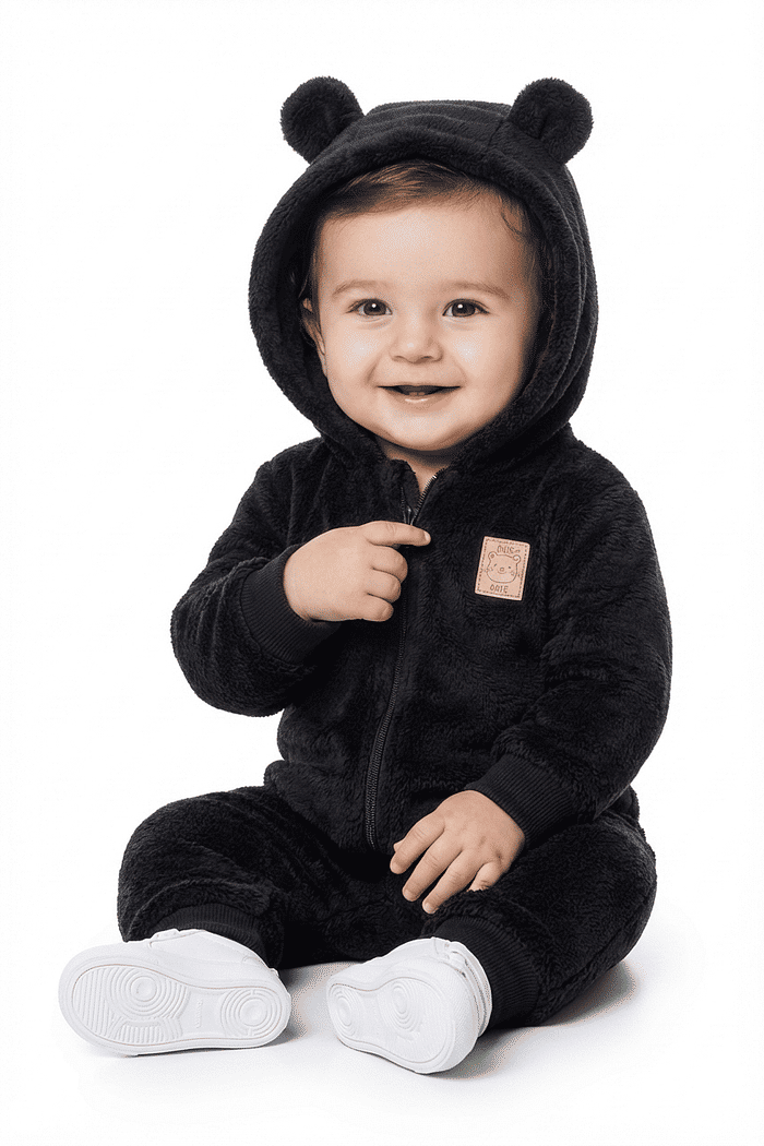 Macacão manga longa com capuz em tecido fleece teddy