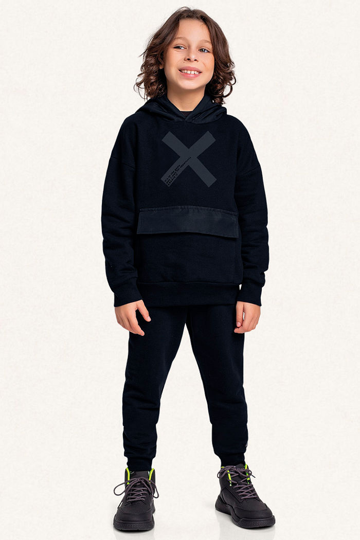 Conjunto blusão com capuz e bolso e calça em moletom