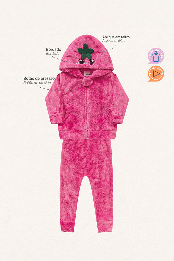 Conjunto jaqueta com capuz e calça em tecido fleece frutas