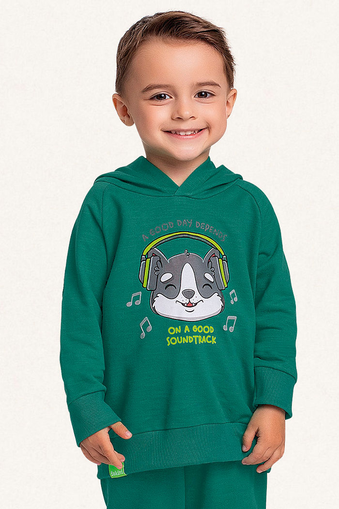 Conjunto blusão com capuz e calça em moletinho flamê cachorrinho