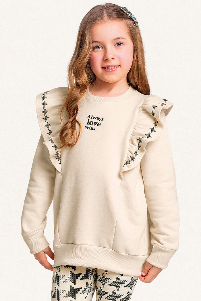 Conjunto blusão com babado estampado em moletom e legging em molecotton