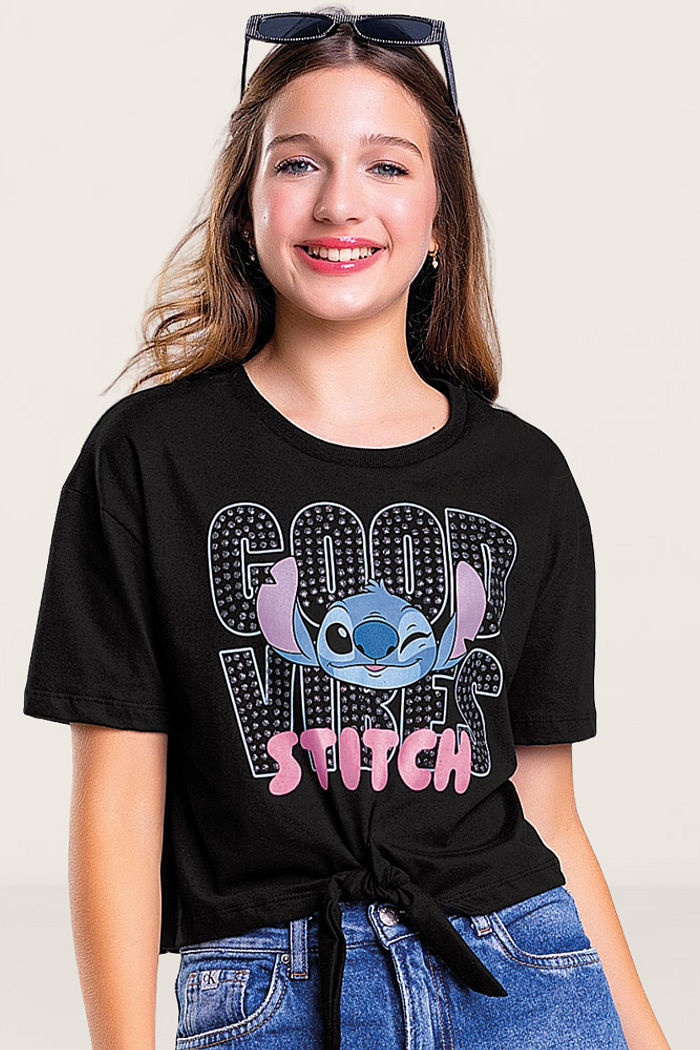 Blusa em meia malha Lilo & Stitch com amarração