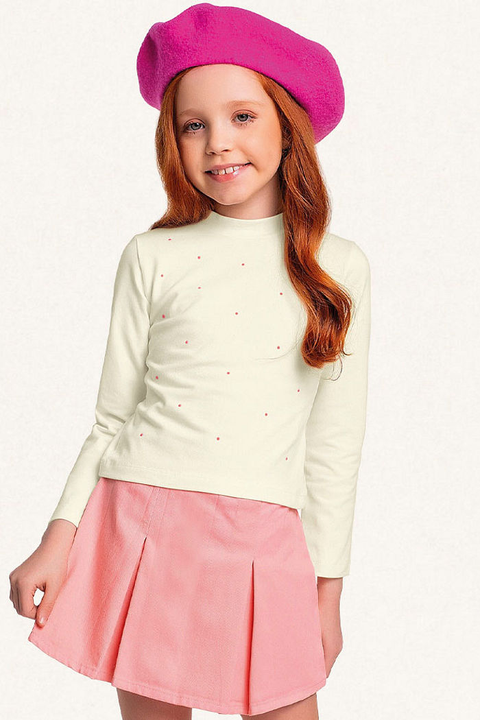 Conjunto blusa manga longa em cotton com strass e short-saia em sarja yari