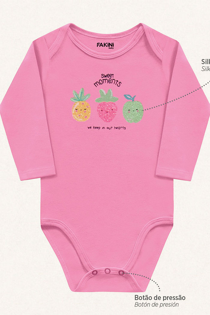 Body manga longa frutas em suedine