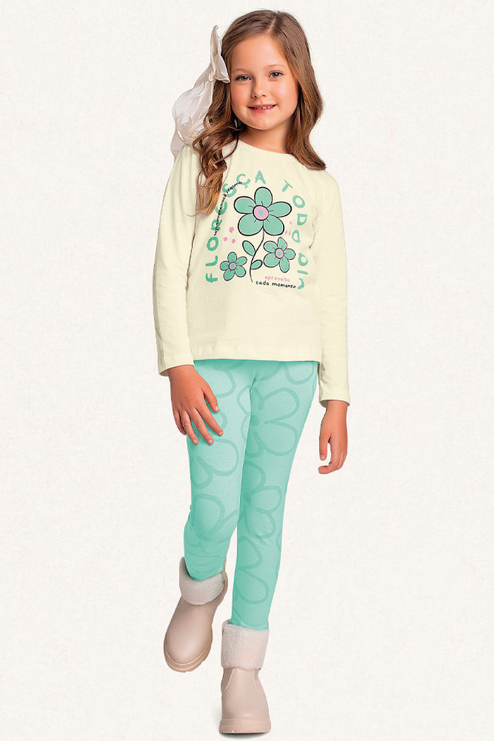 Conjunto blusa manga longa em meia malha e legging em cotton leve floresça