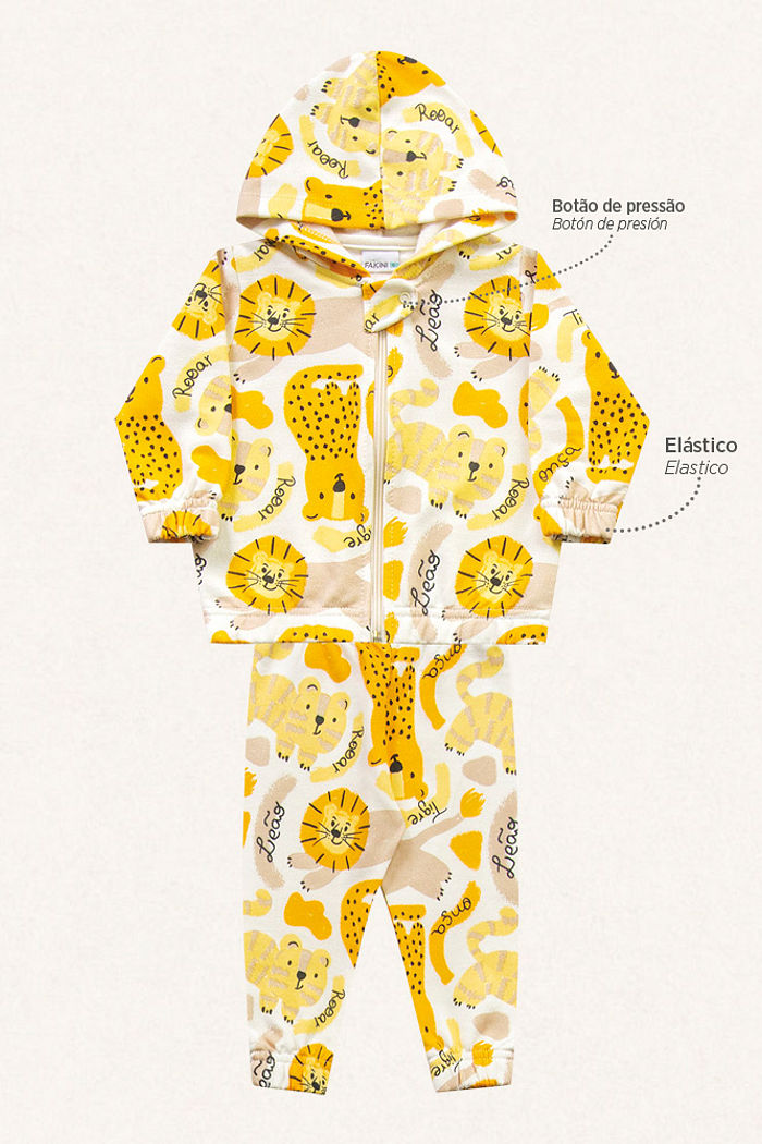 Conjunto jaqueta com capuz e calça em moletom bichinhos