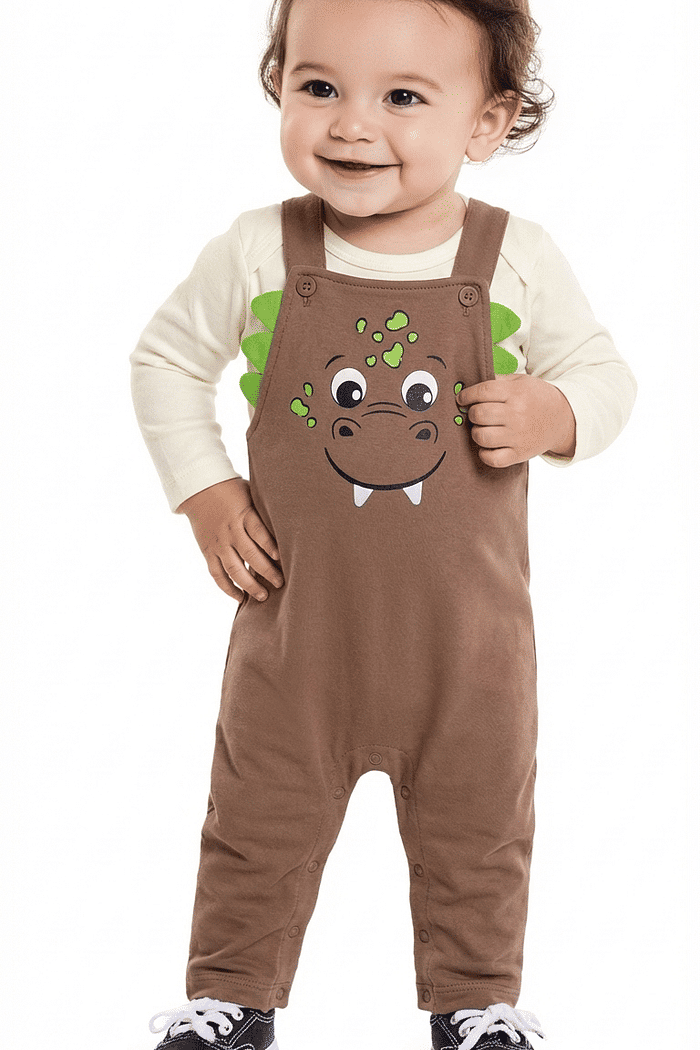 Conjunto body manga longa em suedine e macacão em moletom dino