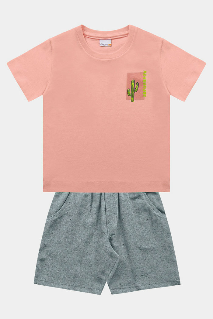 Conjunto camiseta silk com gel e bermuda em tecido ecotex flamê com bolso