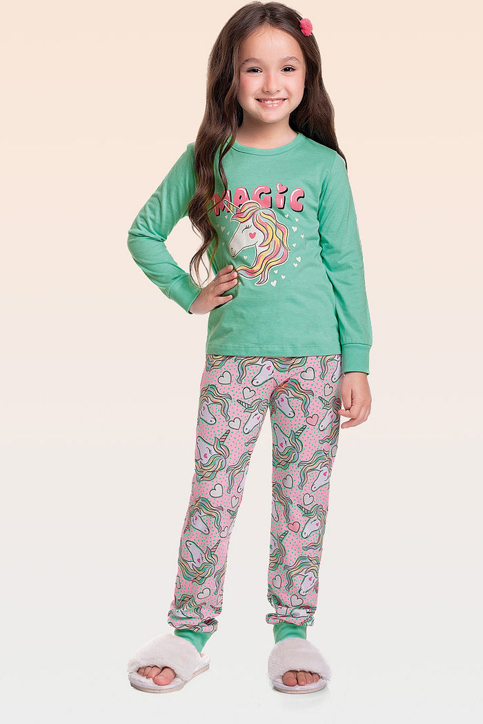 Conjunto pijama blusa manga longa e calça em meia malha
