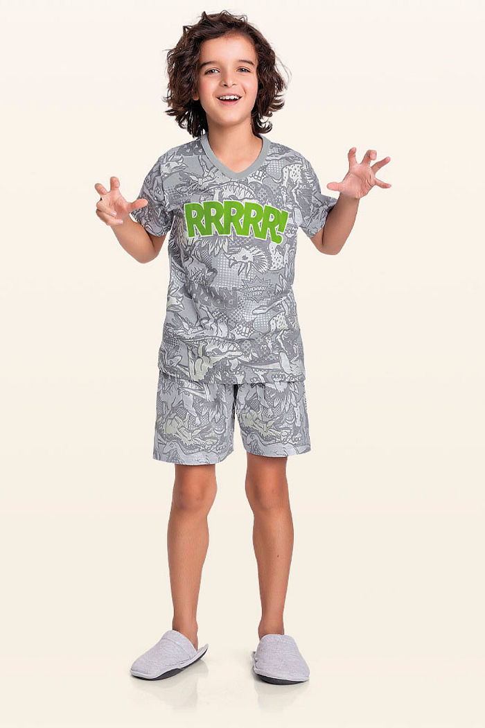 Conjunto pijama camiseta e bermuda dinossauro