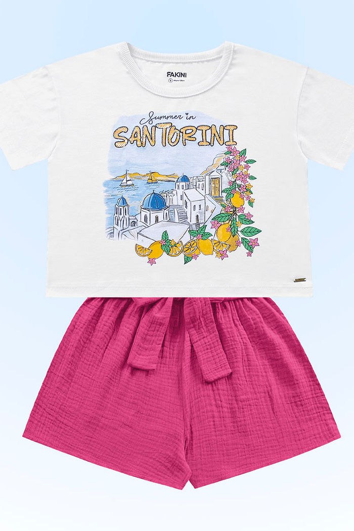 Conjunto blusa em meia malha e short em tecido malha gase com textura