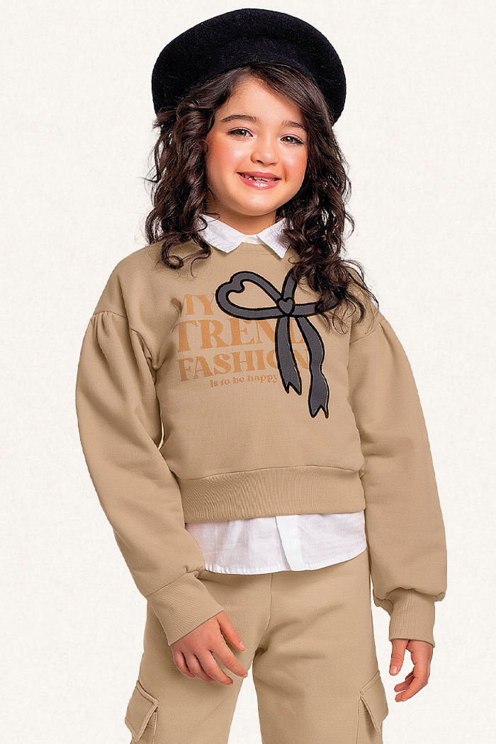 Conjunto blusão e calça wide leg cargo em moletom laço