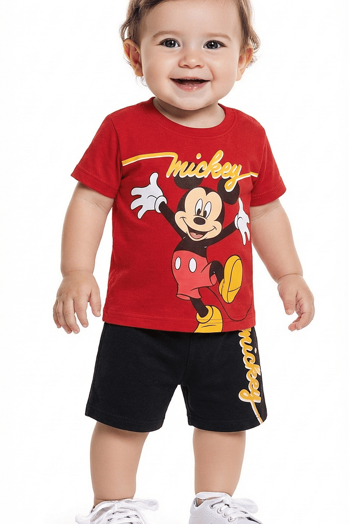 Conjunto camiseta meia malha e bermuda mickey