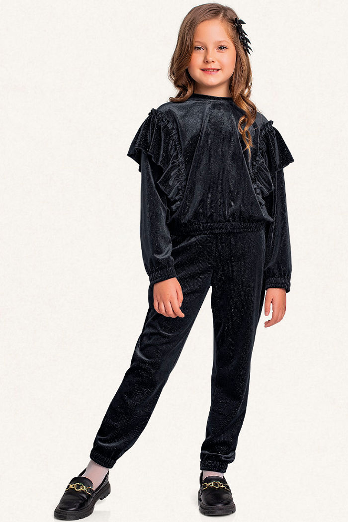 Conjunto blusão com babados e calça em plush lurex