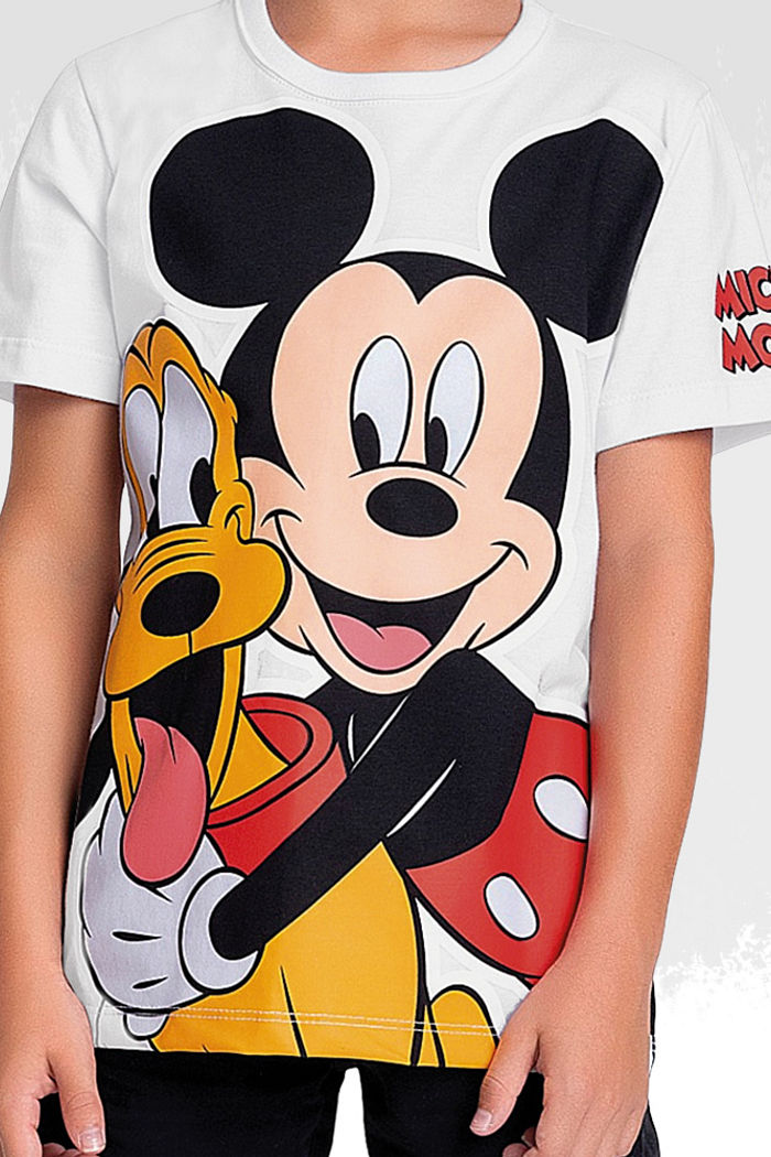 Camiseta em meia malha mickey e pluto
