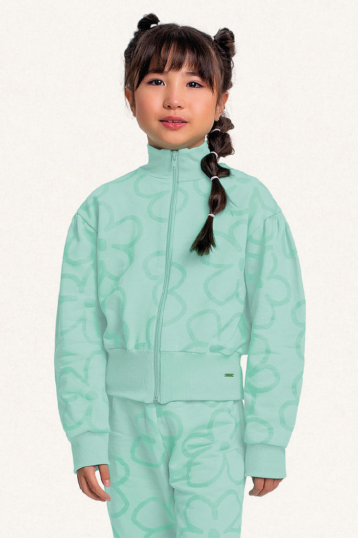 Conjunto jaqueta e calça em moletom grandes flores