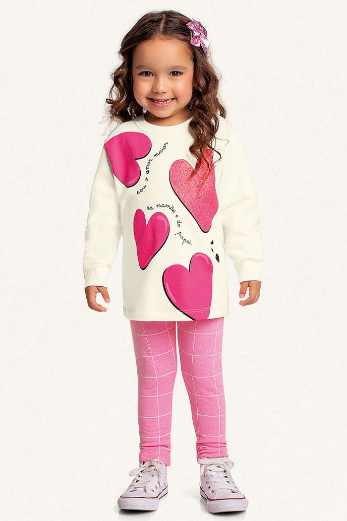 Conjunto blusão coração em moletom e legging em molecotton molinê