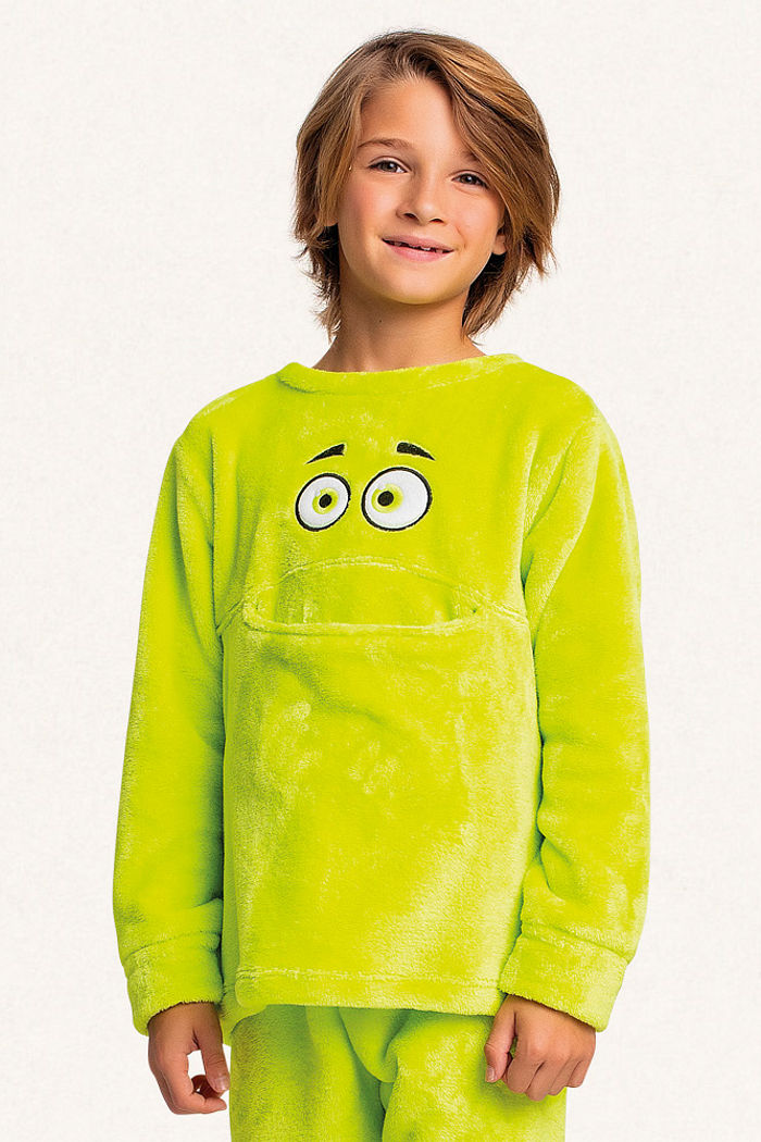 Conjunto blusão e calça em tecido fleece monstro