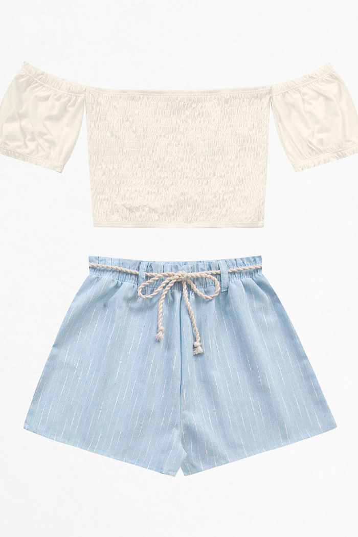 Conjunto blusa cigana de lastex e short ecotex flamê com cordão