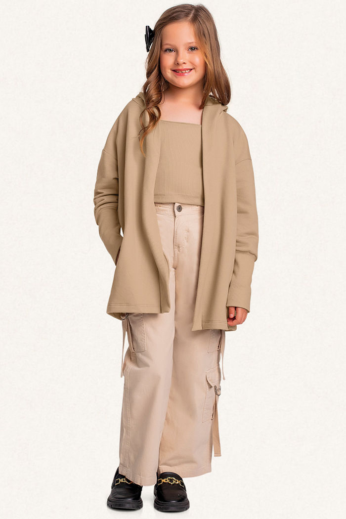 Conjunto top em ribana e casaco aberto com capuz em moletom