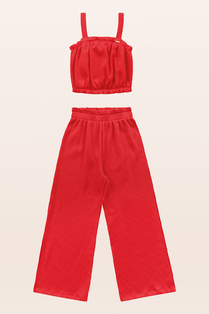 Conjunto cropped e calça pantalona em malha candy