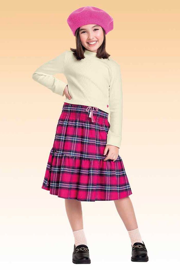 Conjunto blusa manga longa em ribana 2x1 e saia em tecido xadrez joy