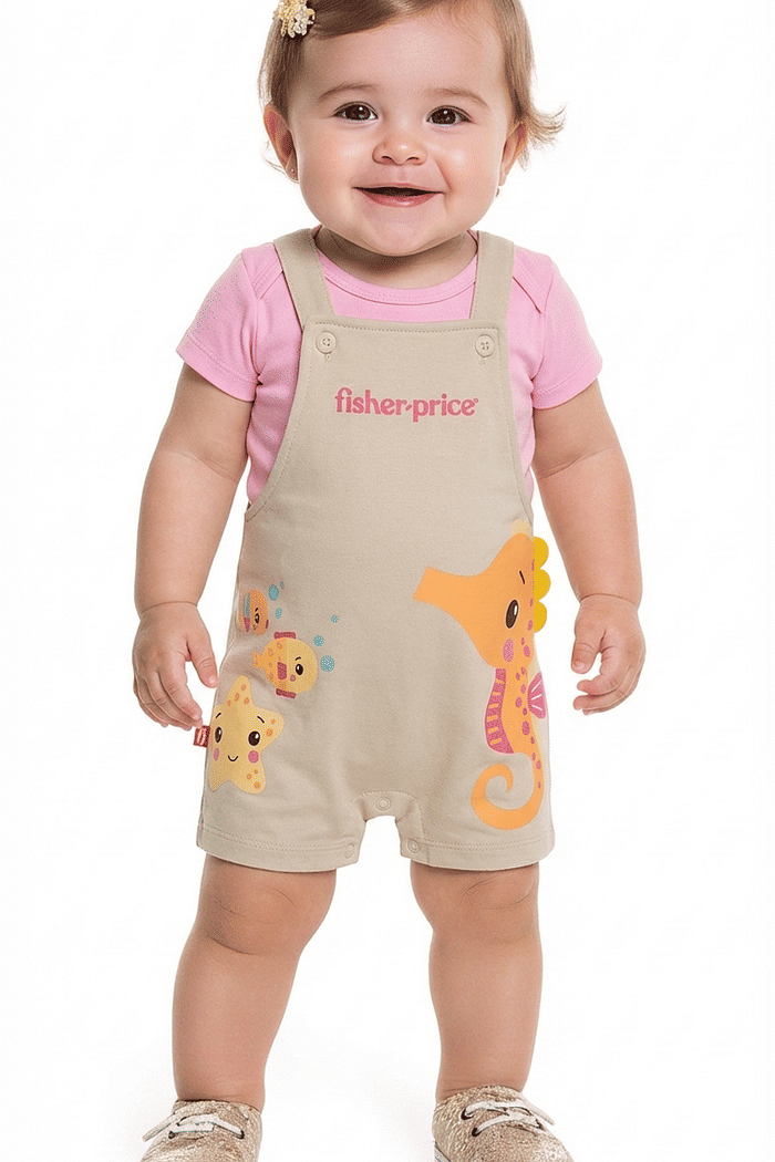 Conjunto body manga curta e macacão de bichinhos