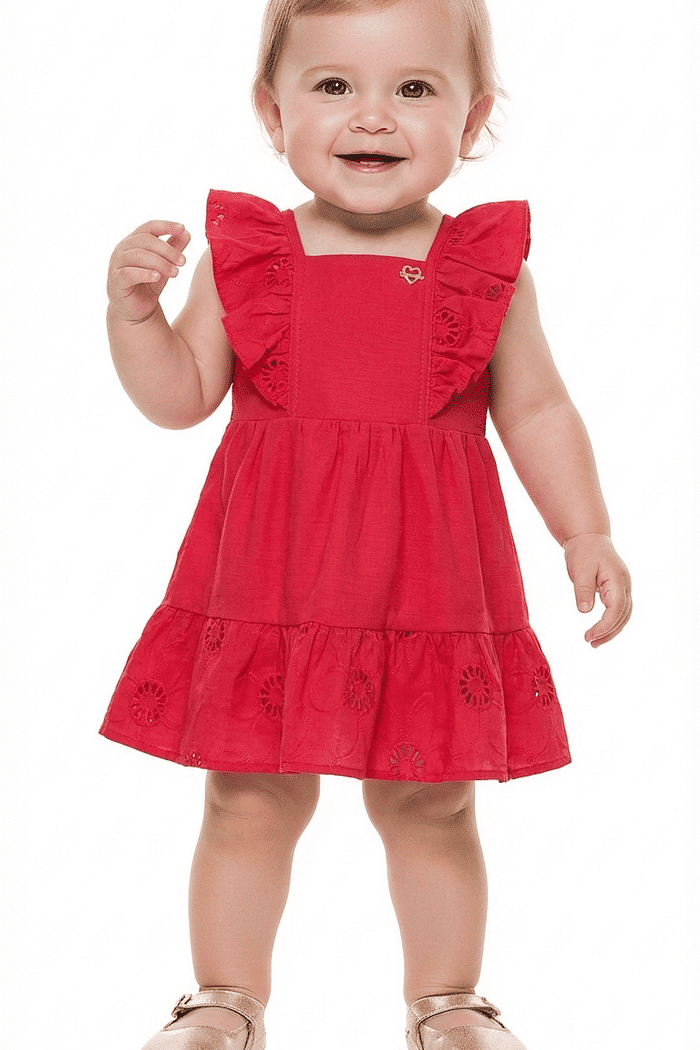 Vestido em cotton flamê com babados em laise