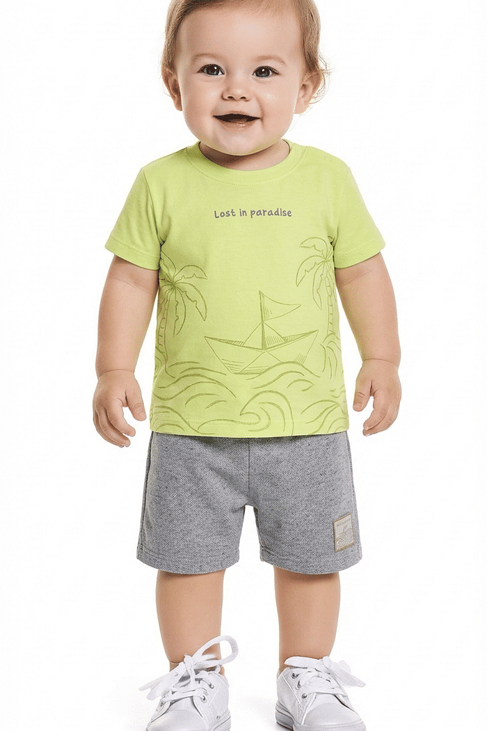 Conjunto camiseta em meia malha e bermuda em tecido eco chambray