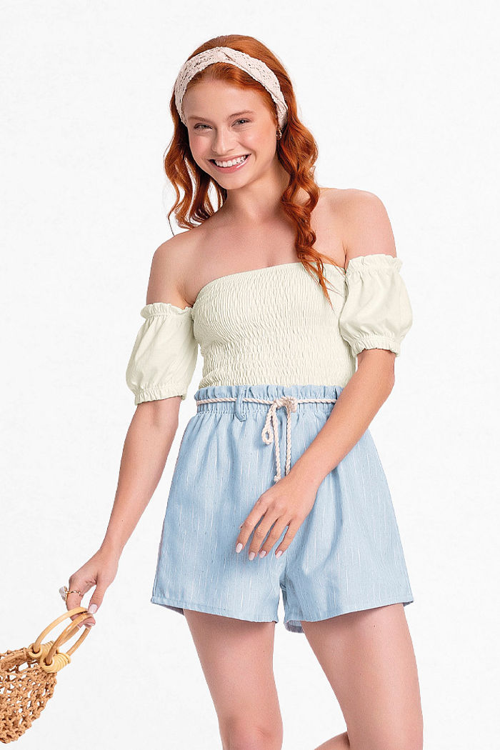 Conjunto blusa cigana de lastex e short ecotex flamê com cordão