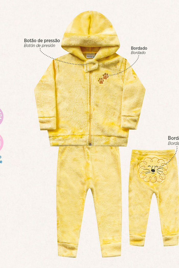 Conjunto jaqueta com capuz e calça em tecido fleece leão