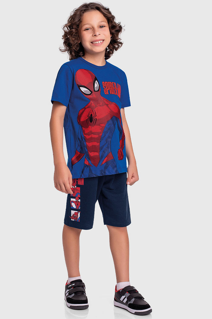 Conjunto camiseta e bermuda em moletinho spider-man