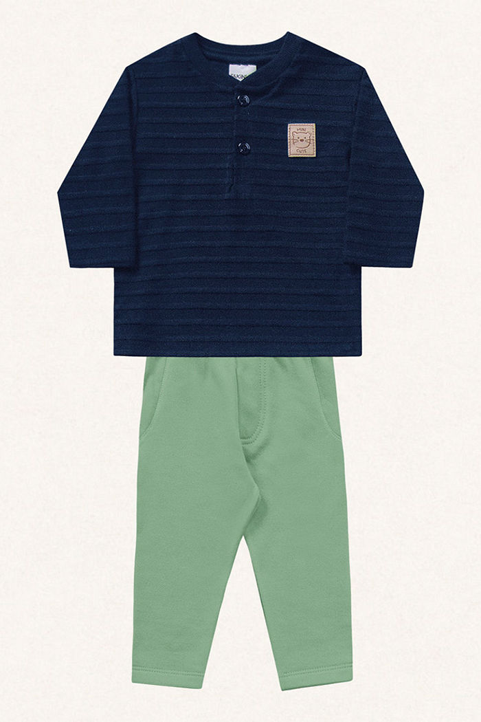 Conjunto camiseta manga longa em meia malha listras com textura em moletom e calça em moletom