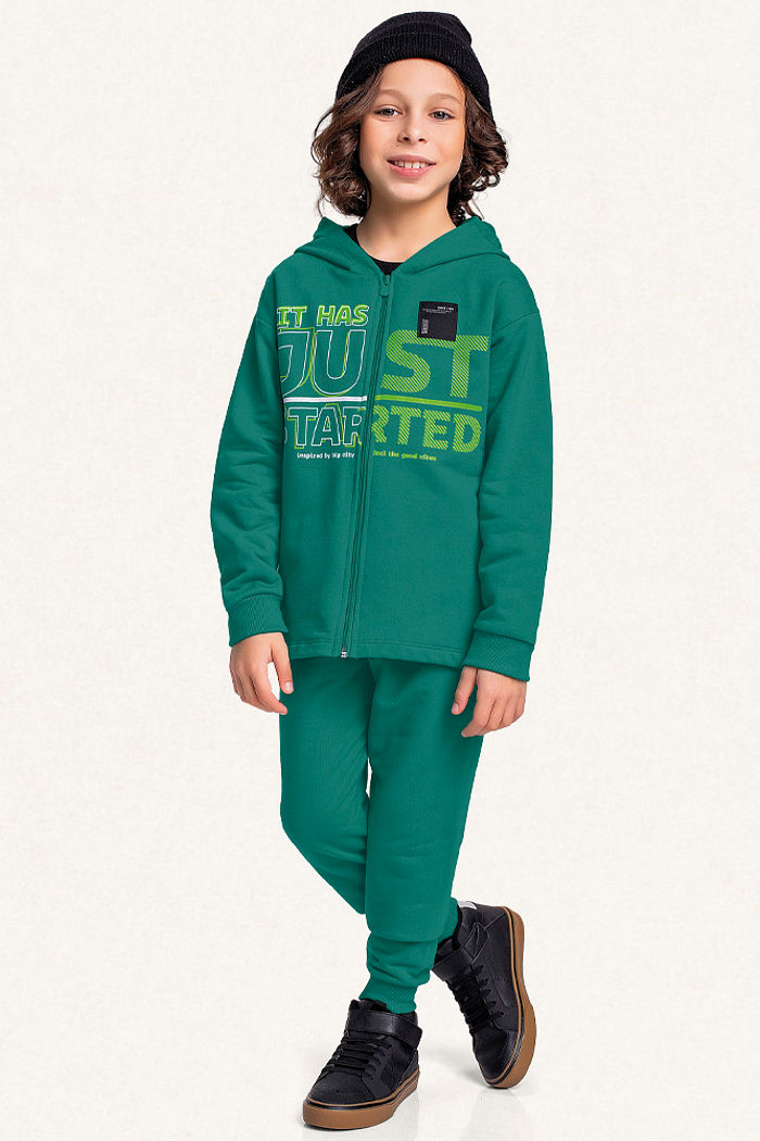 Conjunto jaqueta com capuz e calça em moletom letterings