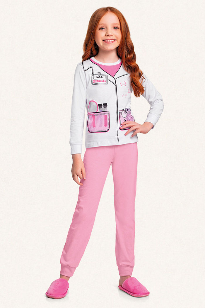 Conjunto pijama blusa manga longa e calça em meia malha profissões